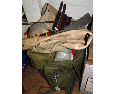 Union Jack, other flags, army bag, lamp, military belts, swagger stick, etc.