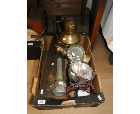 A Power & Hammer brass lantern, an anchor lantern, car headlamp, etc.