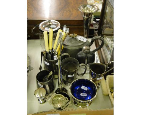 Plated trumpet vase, glass and plated biscuit barrel, tea and coffeeware, hip flask, etc.