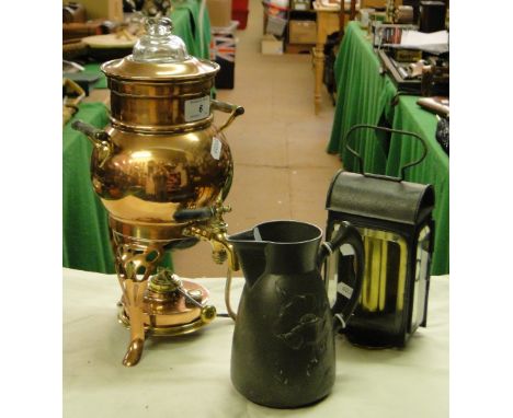 An early American copper and brass coffee perculator with burner, a pewter jug by Kayserzinn and a lantern, (3).