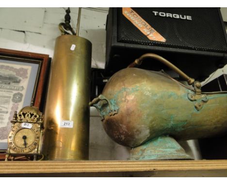 A brass coal scuttle, a brass shell case stick stand, lantern clock, etc.