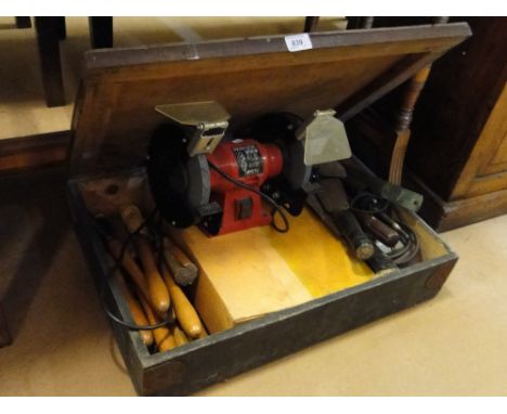 Woodworking chisels, double ended grinder, planes and other tools.