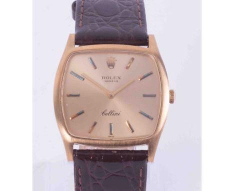 Rolex, a 18ct yellow gold gents Cellini square face manual wind wristwatch, with leather strap also with the original strap, 