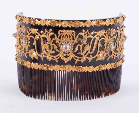 A 19th Century ornate yellow gold flower &amp; leaf design tortoiseshell hair comb set with pearls, one tooth missing, approx