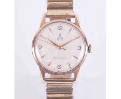 Tudor, a vintage gents gilt Tudor Royal manual wind wristwatch (it is currently ticking) with a Fixo-Flex bracelet.Condition 