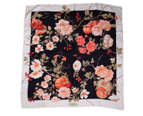 Salvatore Ferragamo, a silk? cream &amp; black scarf by Salvatore Ferragamo with a coral pink rose &amp; rosehip print, appro