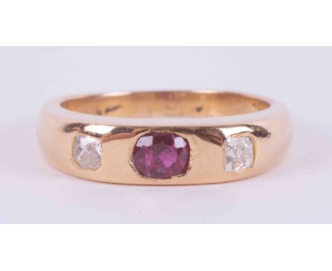 An 18ct yellow gold (not hallmarked or tested) ring set with two old mine cut diamonds, total weight approx. 0.20 carats with