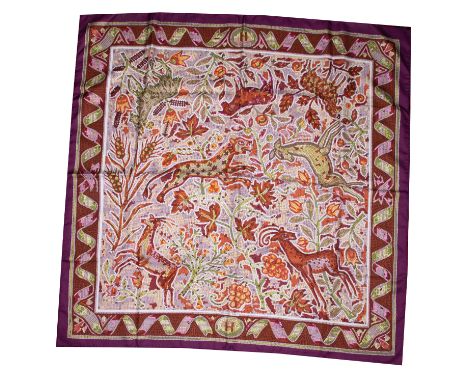 Hermes, a 100% silk Hermes Paris scarf in a pavement 'paving' pattern with flowers and animals in purple, greens and rust col