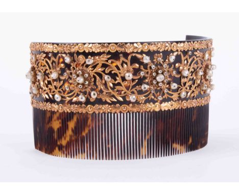 A 19th Century ornate yellow gold flower &amp; leaf design tortoiseshell hair comb set with pearls, length approx. 28cm with 