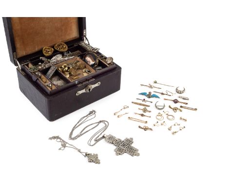 A collection of jewellery, to include a green enamel and seed pearl shamrock stick pin, various bar brooches, three pairs of 