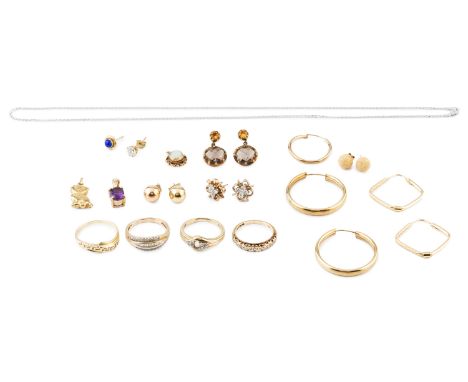 A collection of jewellery, comprising two diamond half hoop rings, each 9ct gold mounted, a pair of diamond set ear studs, al