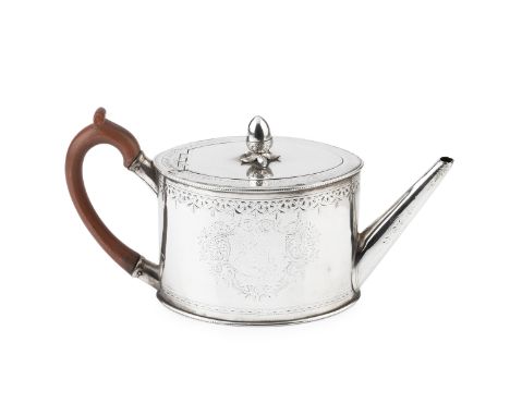 A George III silver oval teapot, with beaded and bright-cut borders, acorn finial and composite handle, engraved armorial, ma