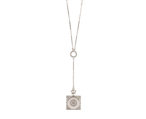 A diamond set pendant watch on chain, the circular dial with Arabic numerals, to a square case with foliate pierced corners, 