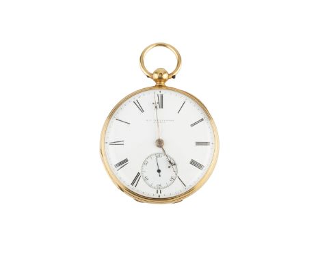 An early Victorian 18ct gold open face pocket watch, the white enamel dial with subsidiary seconds dial, to a key wind ¾ plat