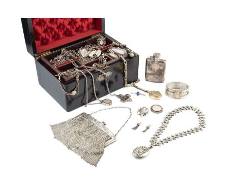 A collection of 19th century and later jewellery, to include two oval locket pendants, each suspended from a fancy-link colla