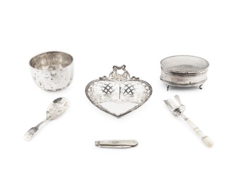 An early 20th century silver heart shaped dish, with lattice pierced border and ribbon tied lovebird cresting, import marks f