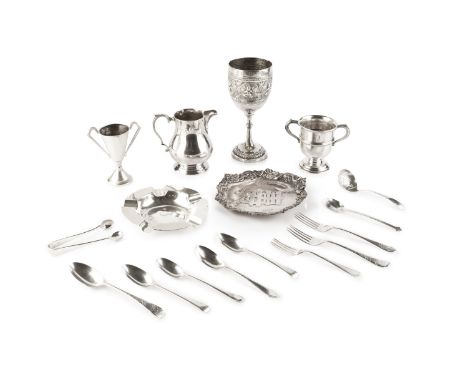 A collection of silver, comprising an Indian goblet, relief decorated with panels of seated figures, 16cm high, a baluster cr
