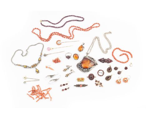A collection of stone set jewellery, to include a pair of coral bead ear pendants, a short single strand of coral beads, a co