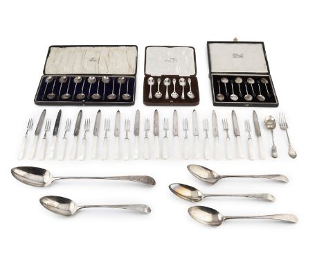 A set of twelve George V silver fruit knives and forks, with mother o'pearl handles, by James Deakin &amp; Sons, Sheffield 19