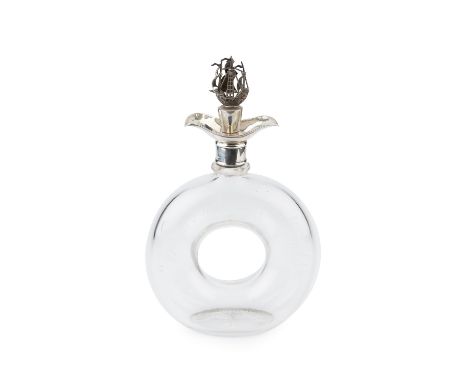 A George V silver mounted novelty decanter and stopper, the glass ring body of lifebuoy form engraved with motto 'When Sinkin