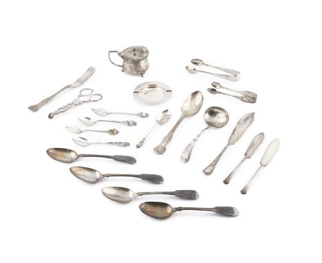 A collection of assorted silver, to include various teaspoons, three pairs of sugar tongs, a sauce ladle, other flatware, a s