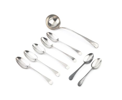 A George III silver old English pattern soup ladle, by Thomas Wallis II, London 1807, a set of three similar George III silve