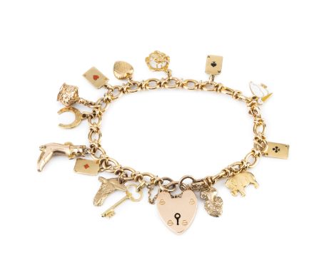 A charm bracelet, the fancy-link bracelet with padlock clasp stamped '9C', suspending assorted charms, to include a crown, pl