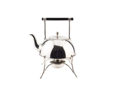 A collection of silver plated items, to include a Dresser style tea kettle on stand with burner, a pair of candlesticks, two 