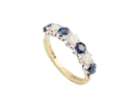 A sapphire and diamond half hoop ring, alternately set with circular mixed-cut sapphires and round brilliant-cut diamonds, 18