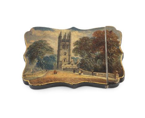 A 19th century papier maché card case, of shaped rectangular outline, painted to one side with a view of Magdalen College, Ox