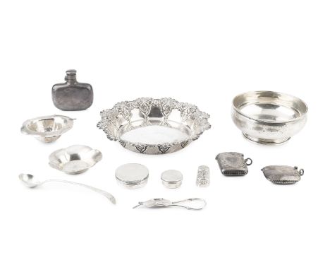 A small collection of silver, comprising a late Victorian shallow dish with shaped and embossed border by Fenton Bros Ltd, Sh