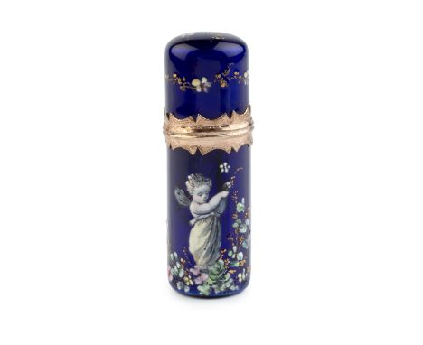 A 19th century French Limoges enamel scent bottle, of cylindrical form, painted with a cherub and trailing flowers on a gilt 
