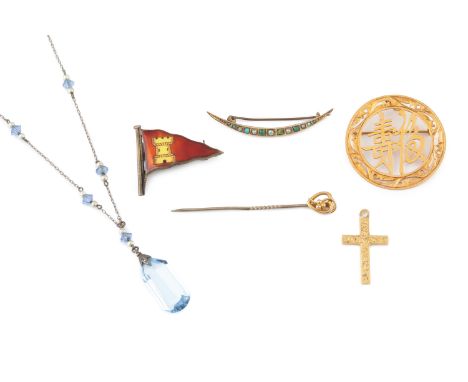 A small collection of jewellery, comprising an Eastern yellow precious metal brooch/pendant, stamped '14K', a 15ct gold engra
