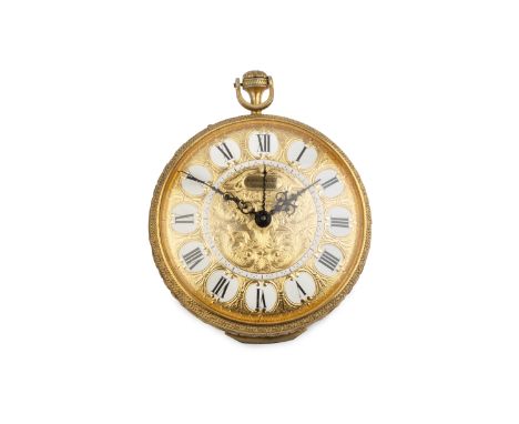 A Continental gilt metal travelling pocket watch alarm by Ernest Borel, the engraved gilt dial with enamel Roman numerals and