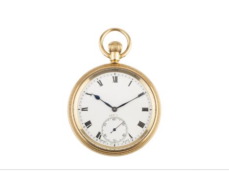 An 18ct gold open face pocket watch, the white enamel dial with Roman numerals and subsidiary seconds dial, indistinctly sign