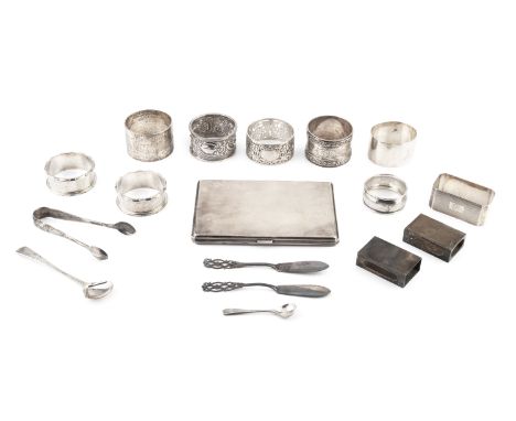 A collection of silver, comprising a cigarette case with engine turned decoration, Birmingham 1939, nine various napkin rings