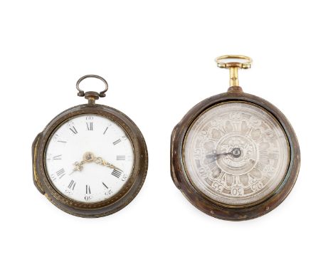A pair case pocket watch, the possibly 18th century silvered dial with Roman numerals and outer scale 0-60, with central flor