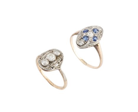 A diamond and sapphire panel ring, of pierced and millegrained quatrefoil design, (sapphires untested for natural/synthetic o