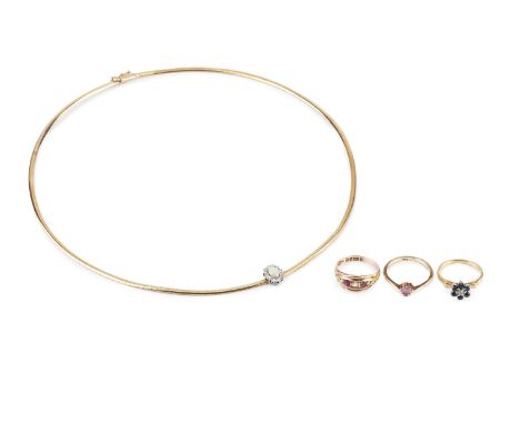 An opal and diamond collar necklace, centred with an oval cabochon opal and round brilliant-cut diamond cluster, stamped '14K
