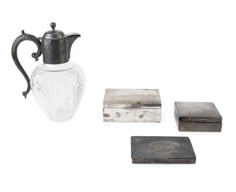 A late Victorian silver mounted cut glass claret jug, with leaf capped scroll handle, and hobnail and slice cut baluster body