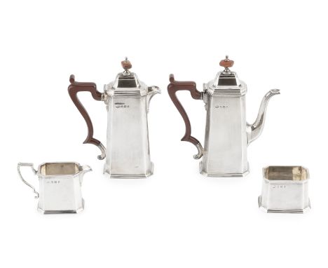 A George V silver bachelor's four piece tea and coffee service, of chamfered and tapered rectangular form, the coffee and tea