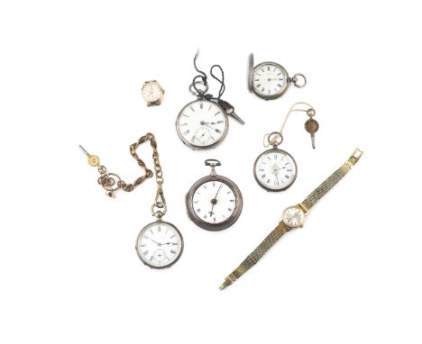 A collection of antique and later watches, comprising a George III silver pair case pocket watch, the white enamel dial with 