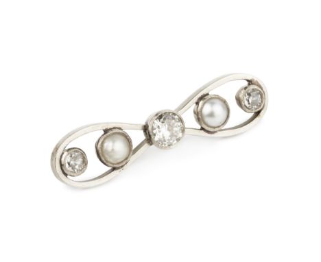 A diamond and half pearl bow brooch, centred with an old brilliant-cut diamond in millegrain collet setting, flanked by two h