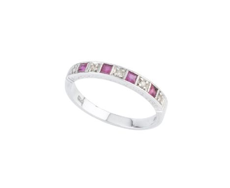 A diamond and ruby half hoop ring, alternately set with square step-cut rubies and single-cut diamonds, (rubies untested for 