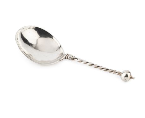 An early 17th century Norwegian silver spoon, with orb finial and twist stem, maker's mark only R within a shield, 13.5cm lon