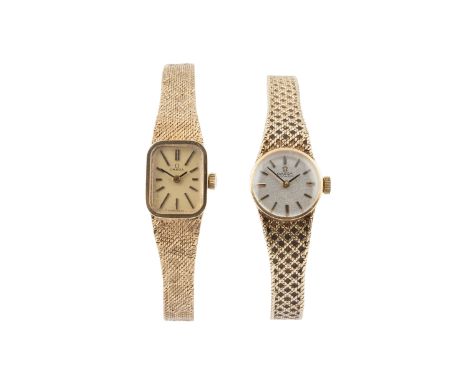 Two 9ct gold bracelet watches by Omega, the first with cushion-shaped gilt dial with black insert baton markers, to a calibre