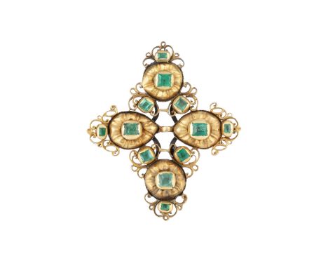 A 19th century Continental stone set panel brooch, designed as a lozenge-shaped cluster of circular and pear-shaped fluted pa