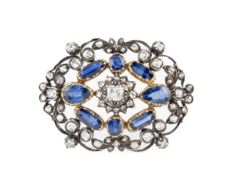 A late 19th century sapphire and diamond panel brooch, of shaped oval openwork form, centred with a cushion-shaped old-cut di