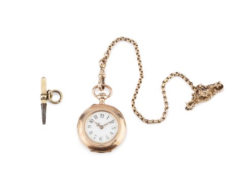 An open face fob watch, the white enamel dial with Arabic numerals and scrolled hands, to a keyless wind movement, the case s
