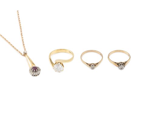 A ruby and diamond cluster pendant, suspended from a ropetwist-link chain, together with a white stone crossover ring, 18ct g